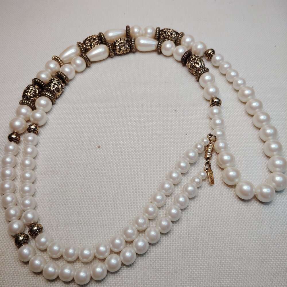 Vintage 1928 Gold Tone Faux Pearl Necklace 34 Inch